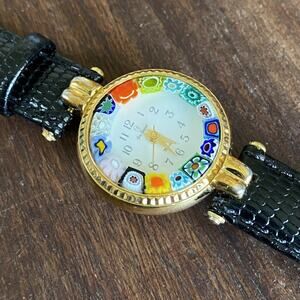 Guy Gossard Womens Wrist Watch Murano Floral Gold Tone Black Leather *Read*